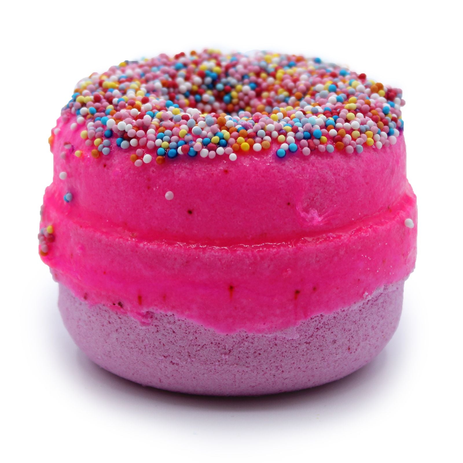 A playful donut-shaped bath fizzer with a pink raspberry-inspired design and realistic sprinkles.