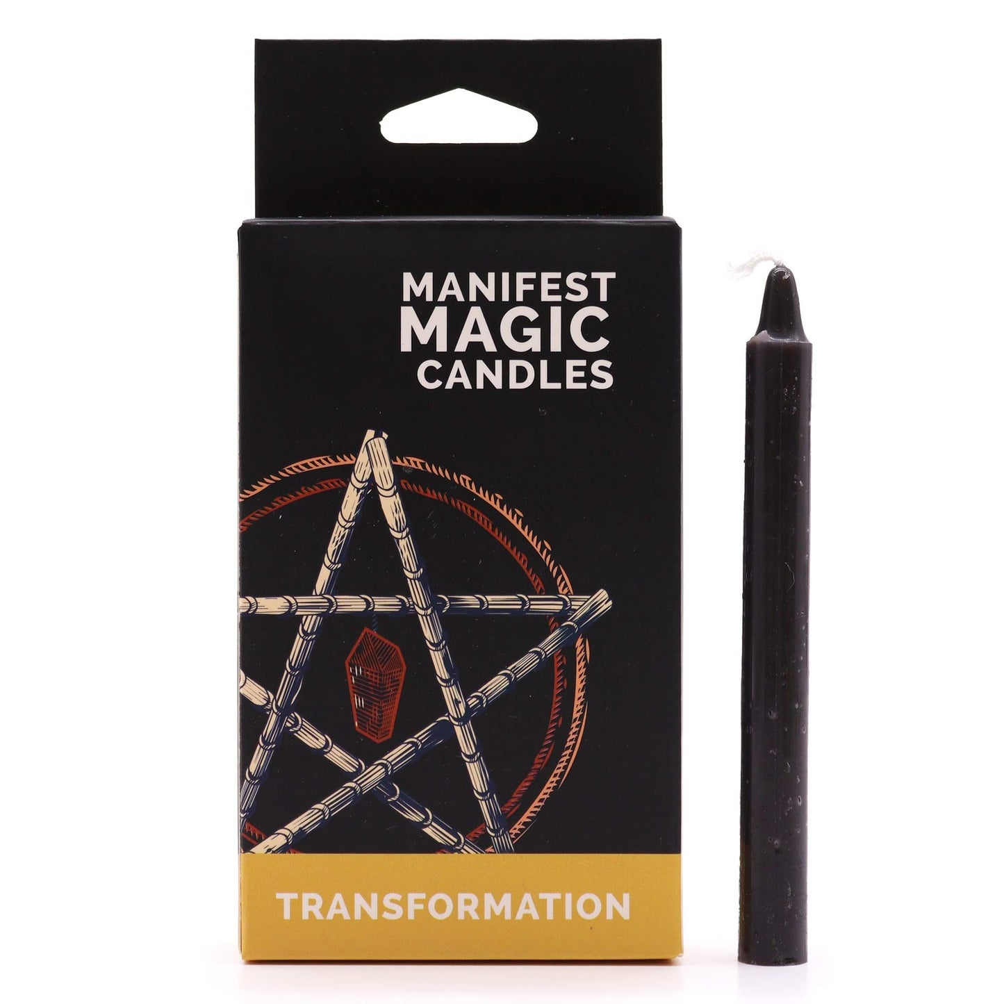 Pack of twelve slender black ritual candles for manifestation and spiritual practices.