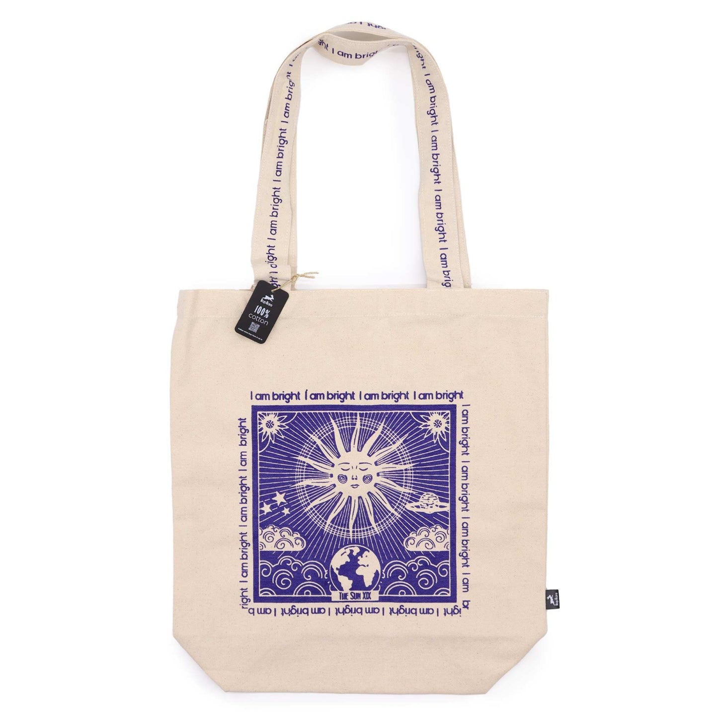 Cream cotton canvas tote bag featuring a mystical tarot-inspired design and the uplifting affirmation I am Bright.