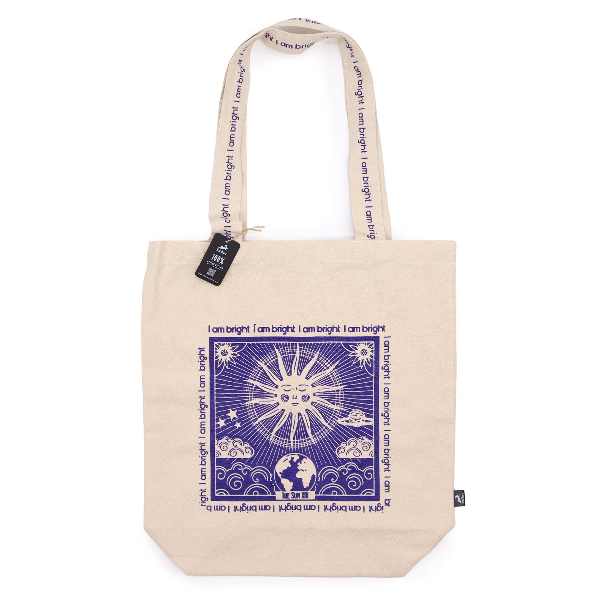 Cream cotton canvas tote bag featuring a mystical tarot-inspired design and the uplifting affirmation I am Bright.