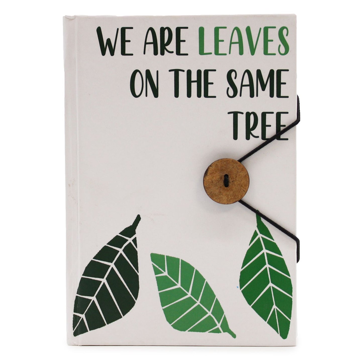 Eco-friendly recycled notebook with a natural leaf design and a black elastic closure strap.