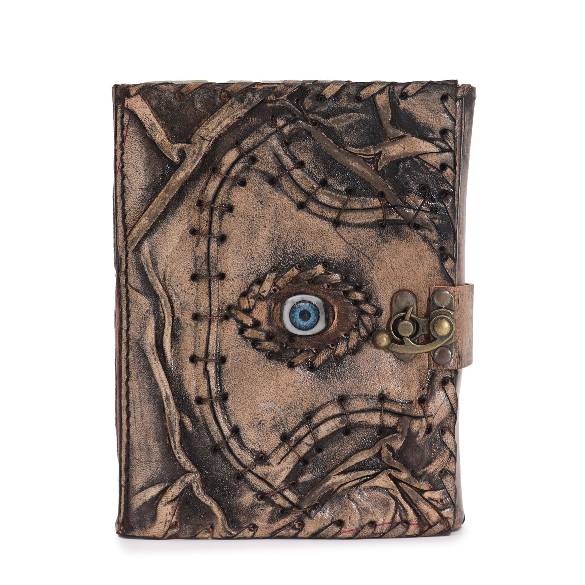 Tan leather vintage-style notebook with an embossed evil eye design and rustic deckle-edged paper pages.