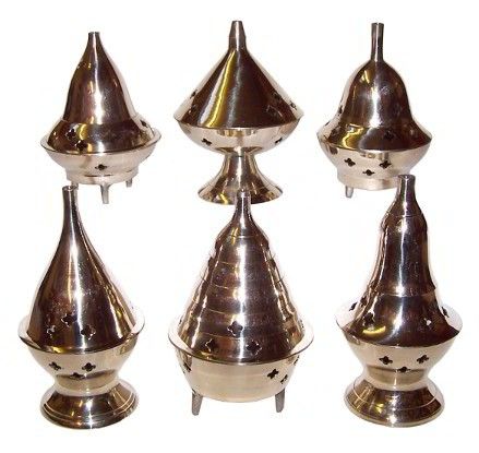 Traditional solid brass incense burner with intricate detailing and a removable wooden handle for safe use.