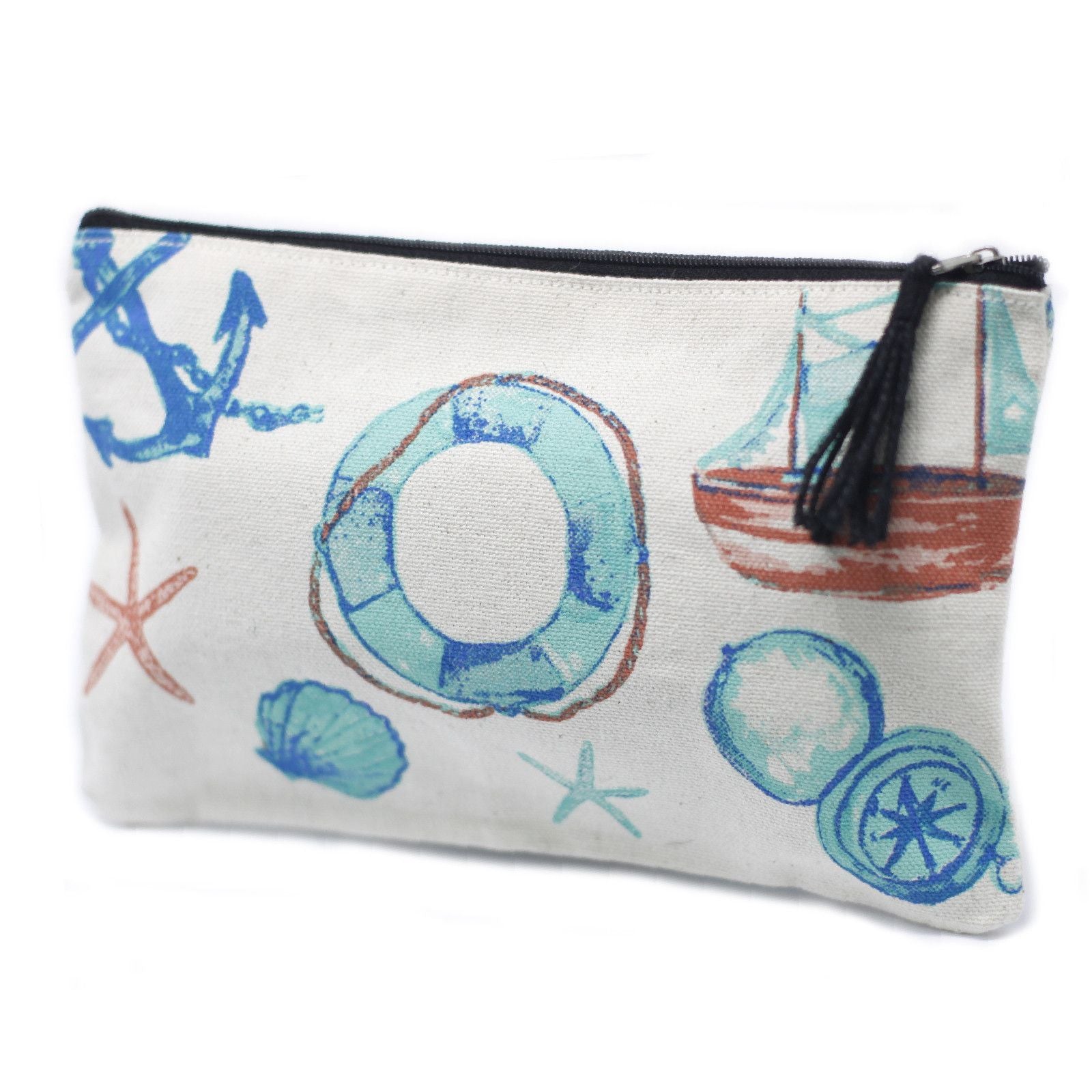 Soft and lightweight blue zip pouch featuring a white anchor print and a secure gold-toned zipper.