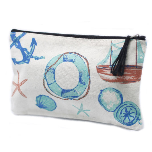Soft and lightweight blue zip pouch featuring a white anchor print and a secure gold-toned zipper.