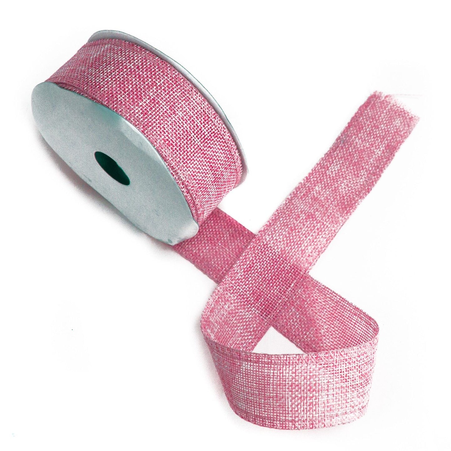 A roll of 38mm baby pink ribbon with a soft, non-woven natural texture for gift wrapping and bows.