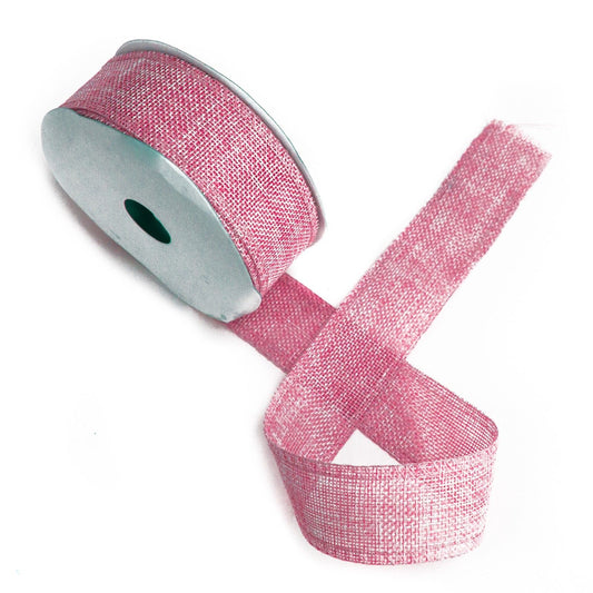 A roll of 38mm baby pink ribbon with a soft, non-woven natural texture for gift wrapping and bows.