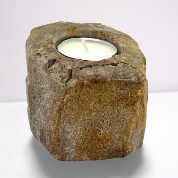 Hand-carved petrified wood tealight holder with a natural rustic texture and earthy tones on a wooden surface.
