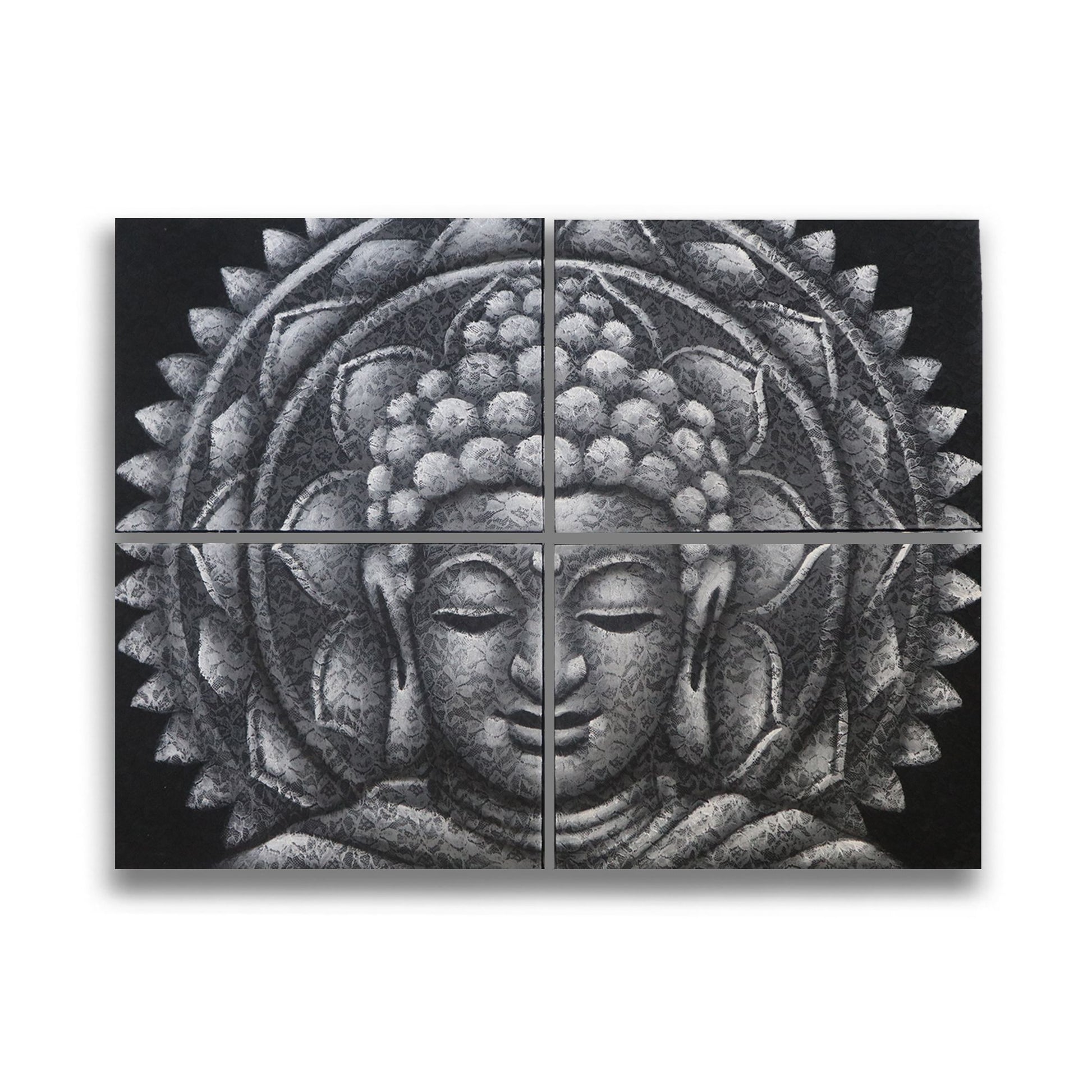 Set of four grey Buddha mandala paintings featuring intricate brocade details on a neutral background.