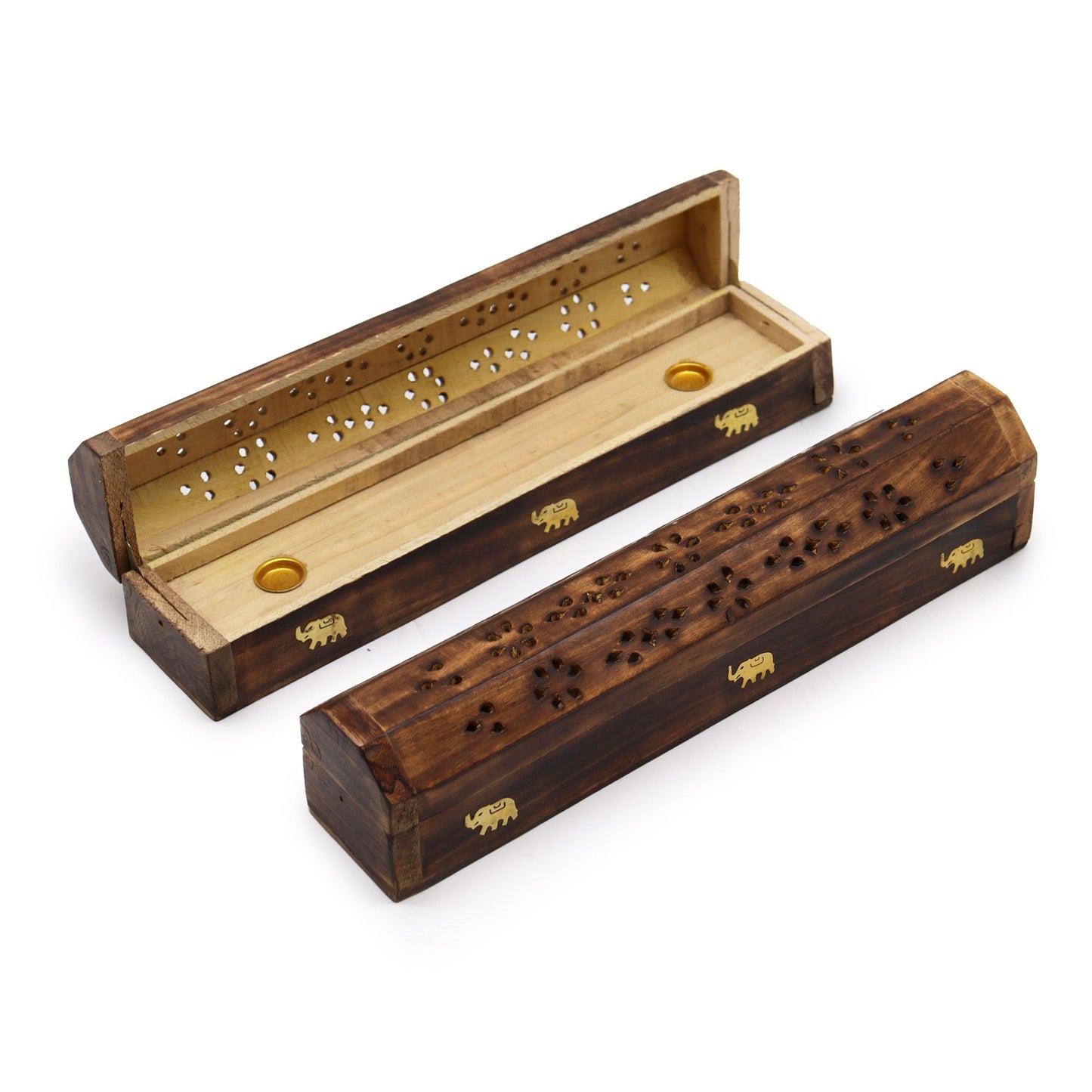 Handcrafted natural mango wood incense smoke box with decorative carvings and a smooth finish.