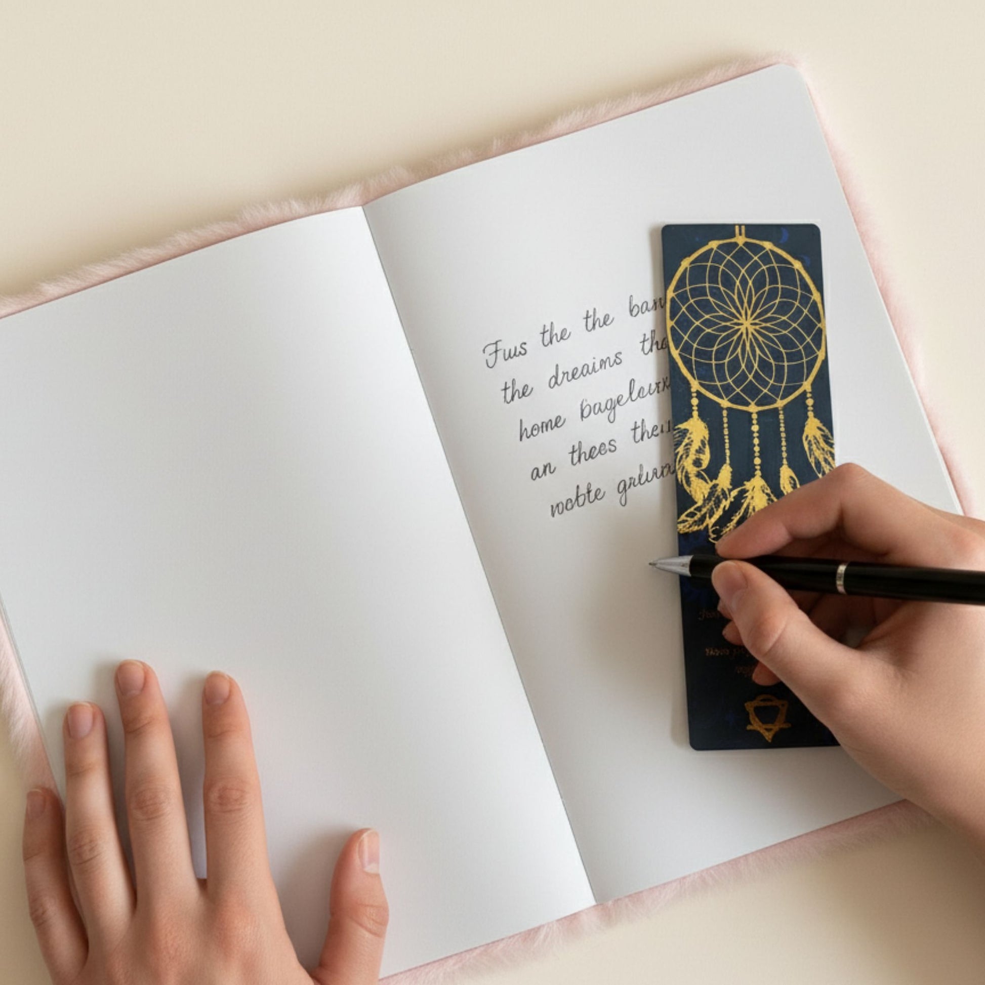 Soft fluffy dream journal in pastel tones with silver embroidered crescent moon and Moonlight Messages text.