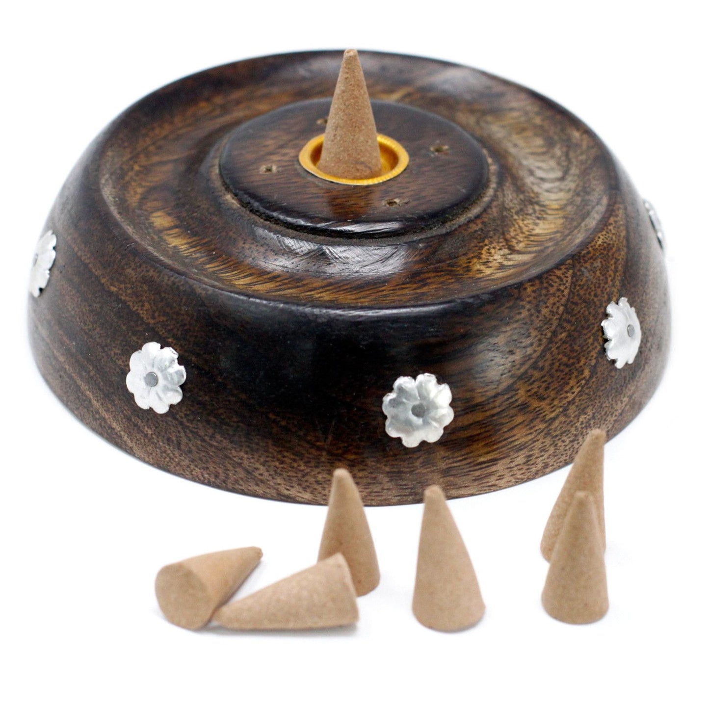 Handcrafted round mango wood incense holder with decorative carvings, suitable for both incense sticks and cones.