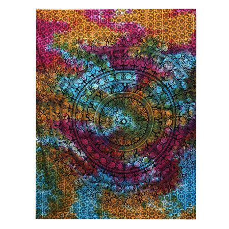 Intricate black and white elephant mandala design on a single cotton bedspread used as a decorative wall hanging.
