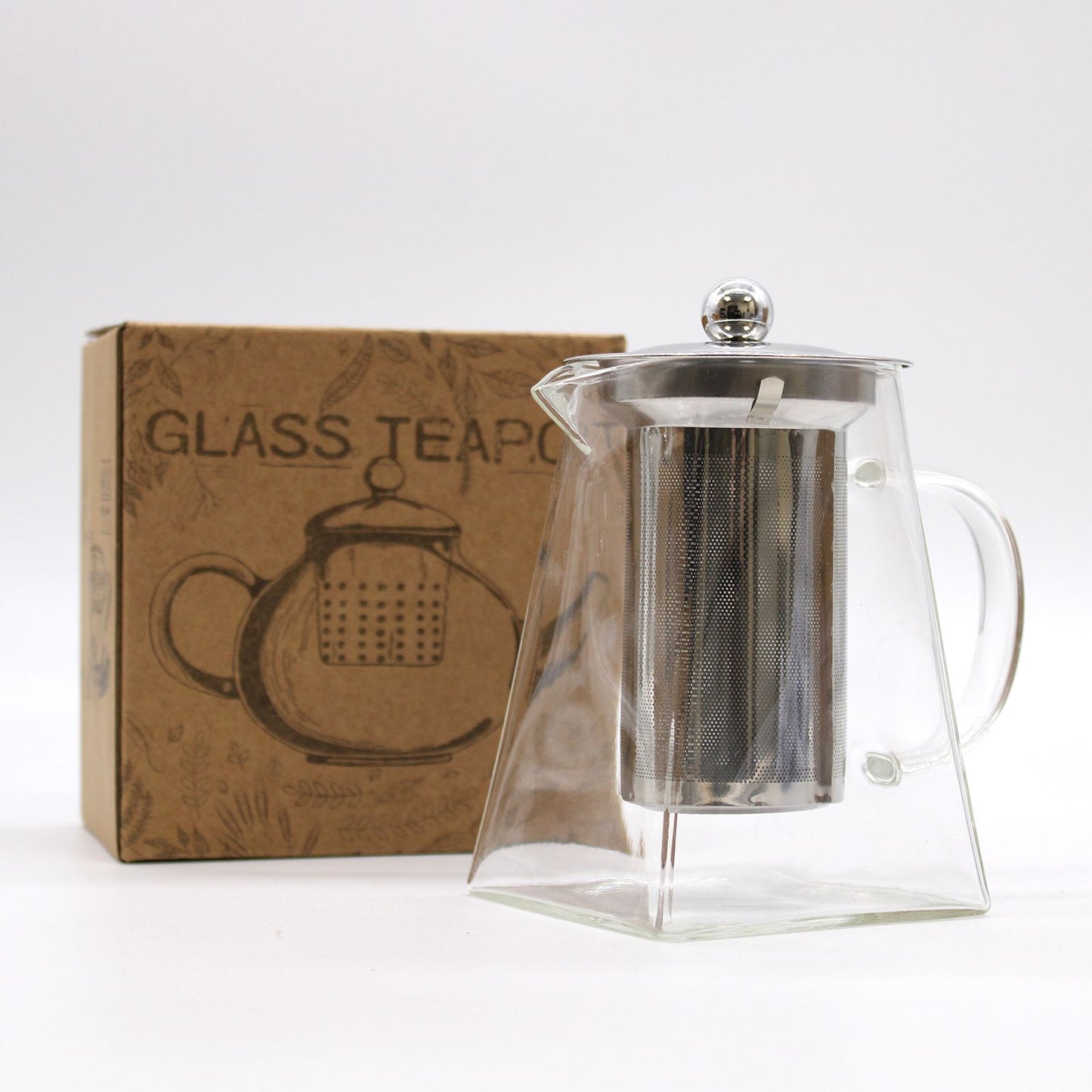 Elegant tower-shaped clear glass teapot with a removable central infuser for loose leaf tea brewing.
