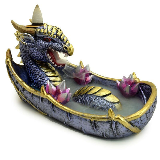 Intricate purple dragon incense burner with amethyst crystal details and a cascading backflow smoke effect.