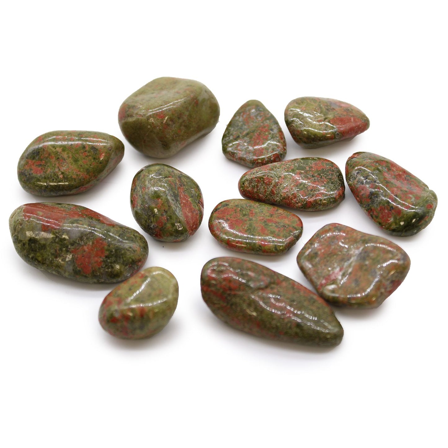 Smooth, polished medium-sized Unakite tumble stones showing characteristic mottled green and pink patterns.