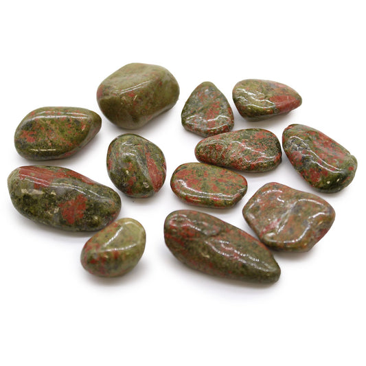 Smooth, polished medium-sized Unakite tumble stones showing characteristic mottled green and pink patterns.