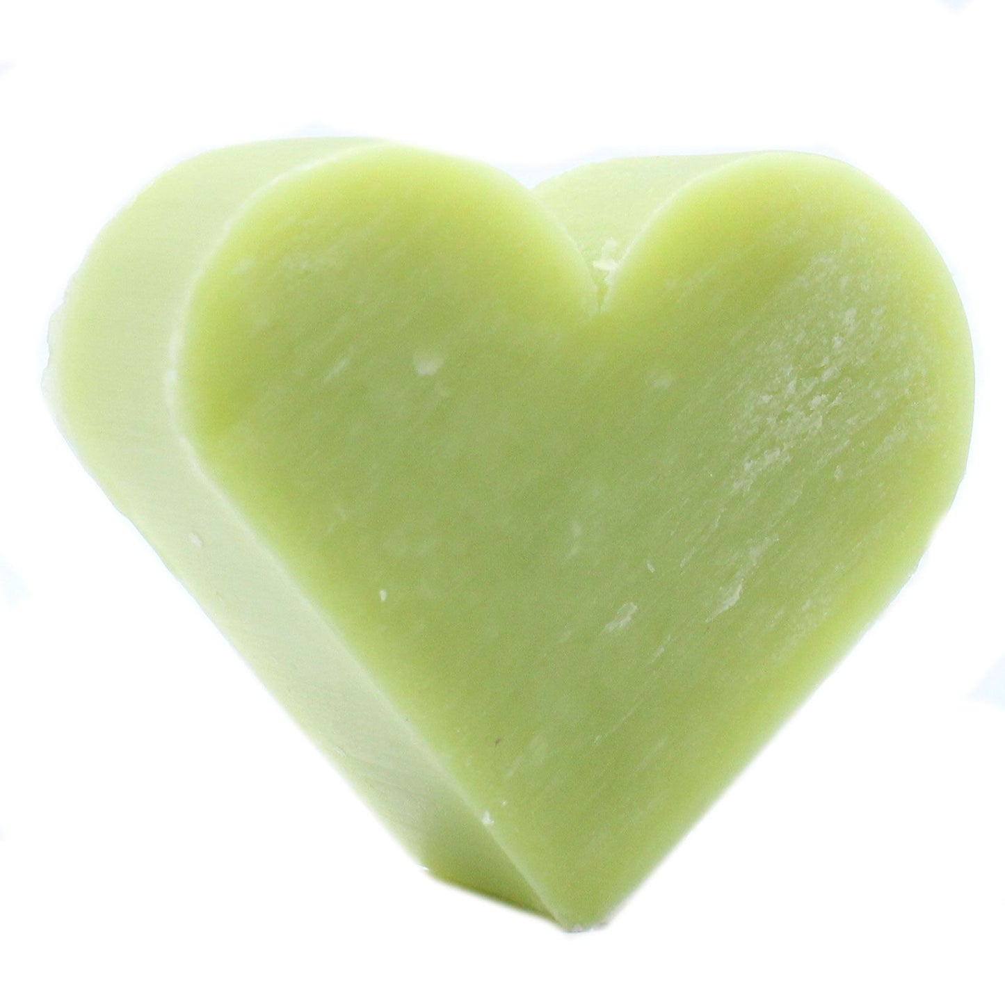 Small green heart-shaped guest soaps with a smooth texture, perfect for decorative bathroom displays.