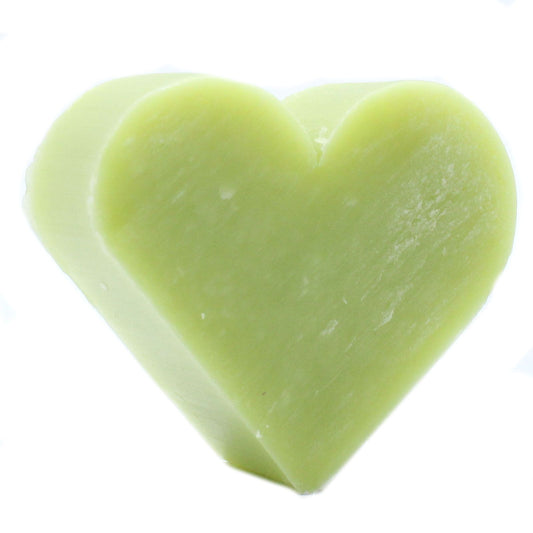 Small green heart-shaped guest soaps with a smooth texture, perfect for decorative bathroom displays.