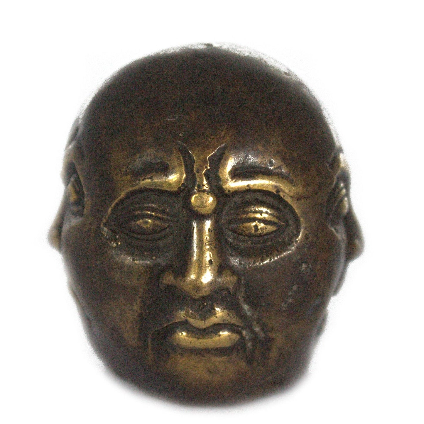 Small polished brass Buddha statue with four distinct faces representing different emotions and directions.