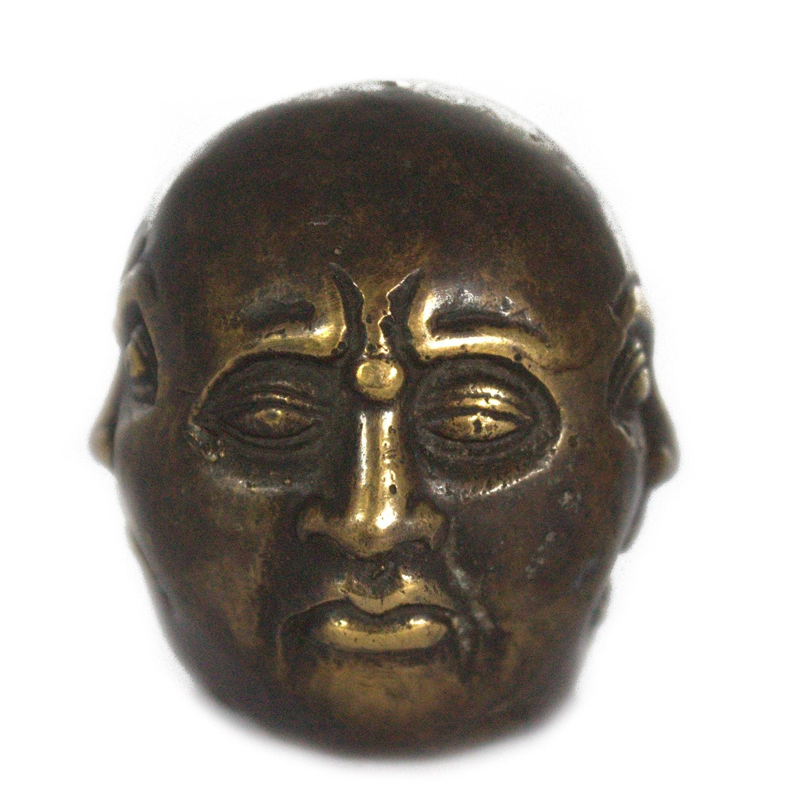 Small polished brass Buddha statue with four distinct faces representing different emotions and directions.