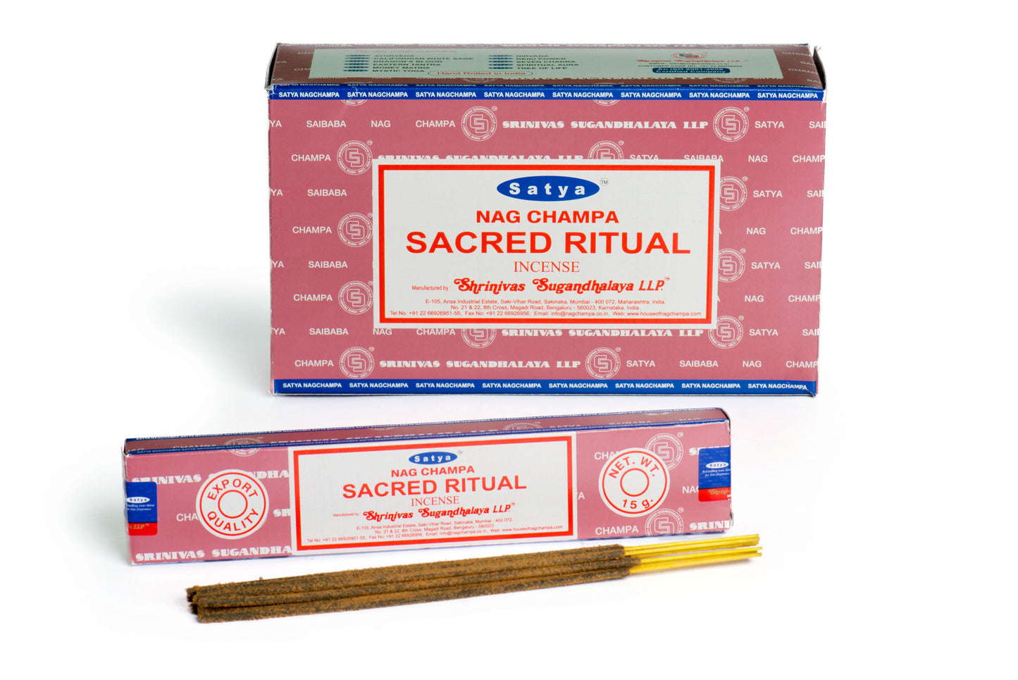 A pack of hand-rolled incense sticks labeled Sacred Ritual on a wooden surface with a soft focused background.