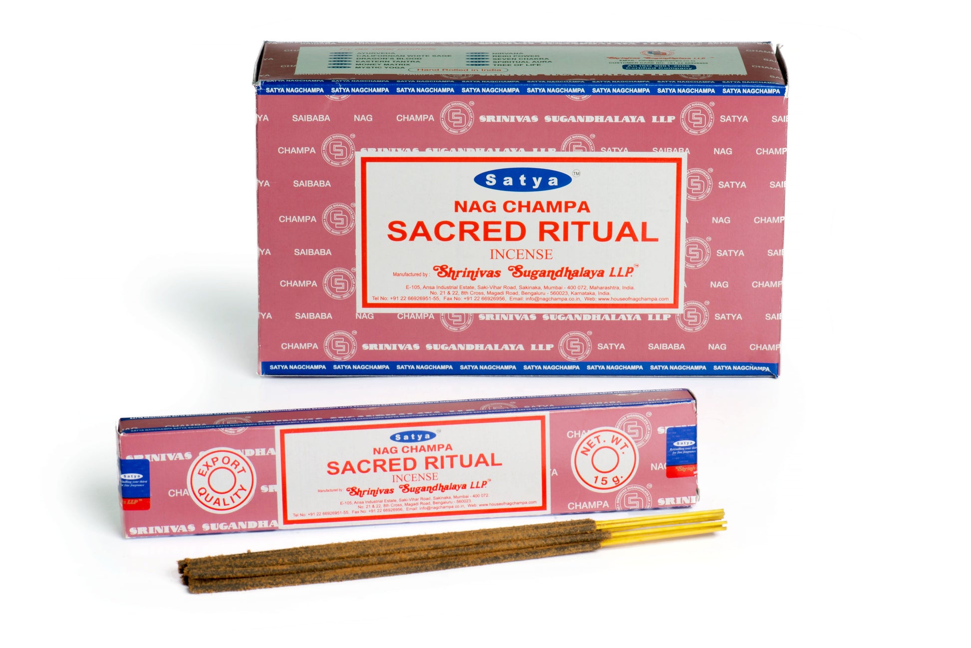 A pack of hand-rolled incense sticks labeled Sacred Ritual on a wooden surface with a soft focused background.