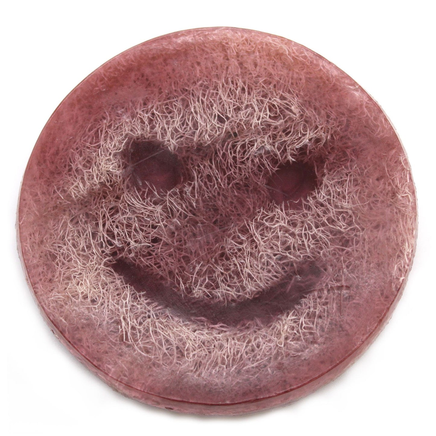 Round purple textured exfoliating soap bar with a sweet grape fragrance.