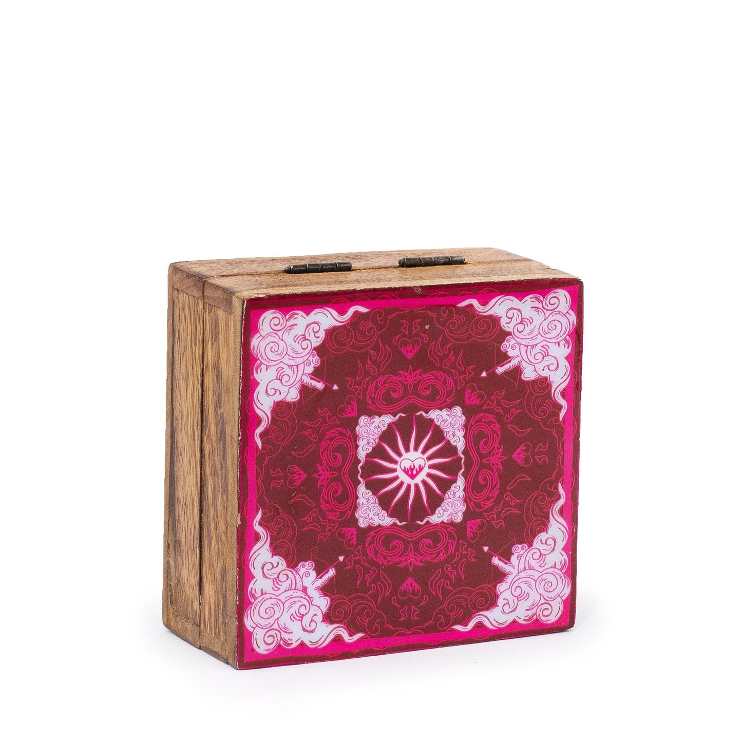 Small square wooden box with a vibrant enameled lid featuring a classic Heart and Cupid romantic motif.