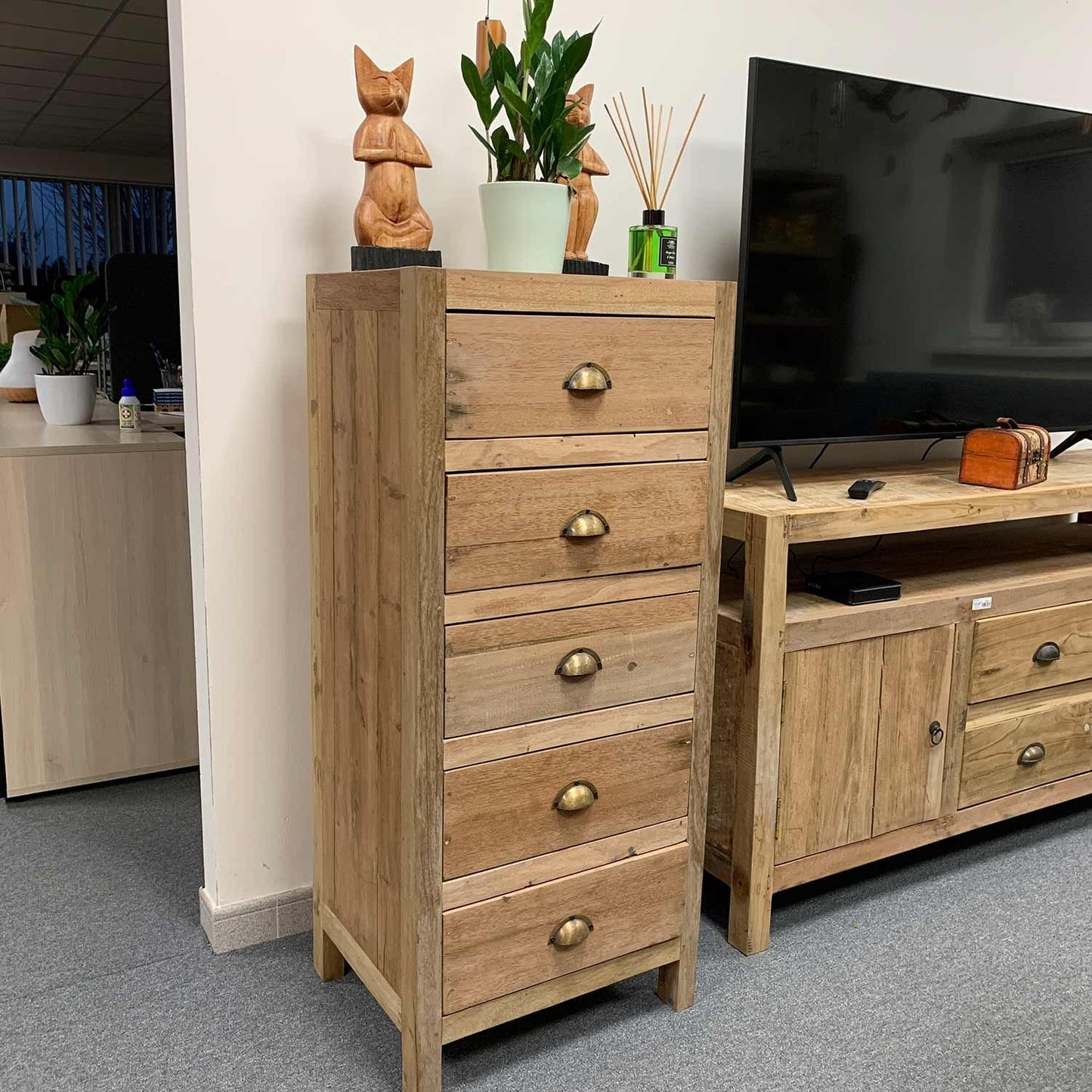 Tall hand-made chest of five drawers crafted from colourful recycled boat wood with a rustic finish.