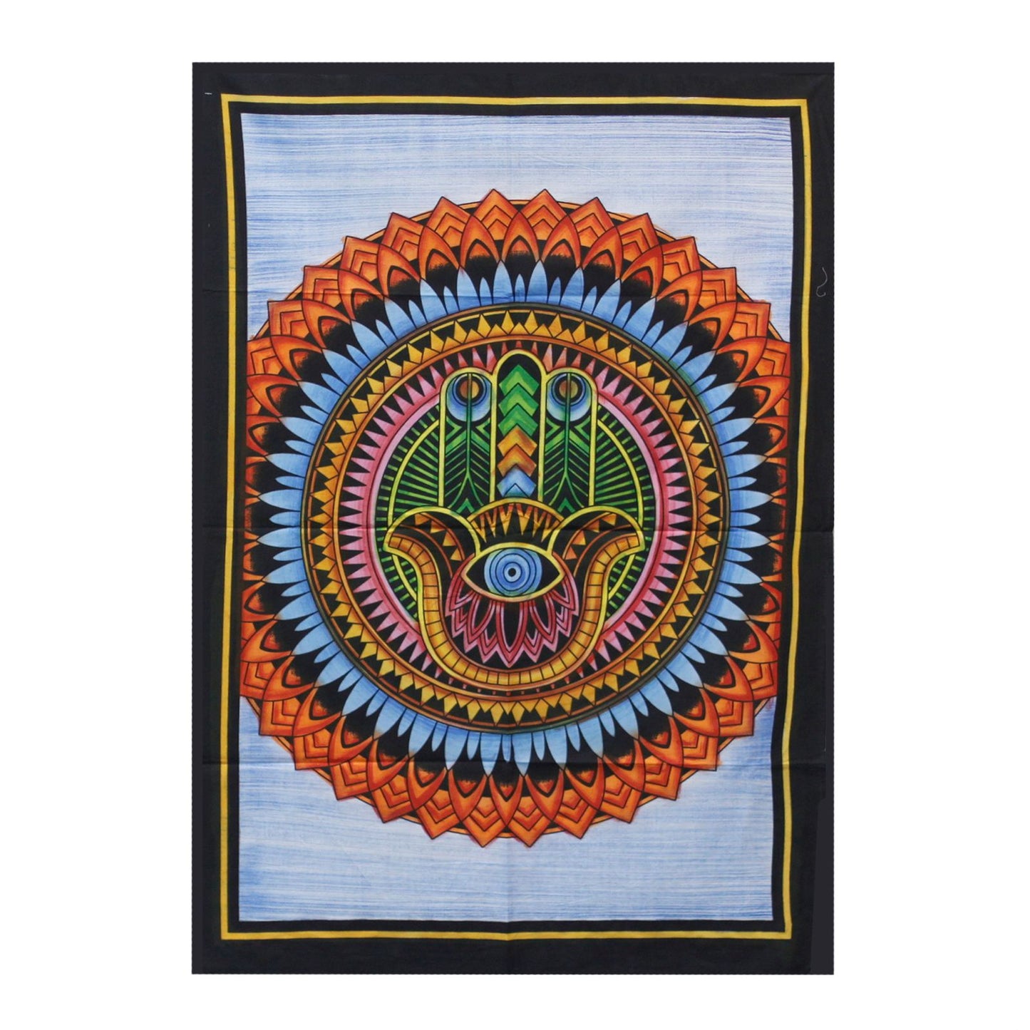 Large handbrushed cotton wall hanging featuring a detailed Hamsa hand design in vibrant, bold colours.