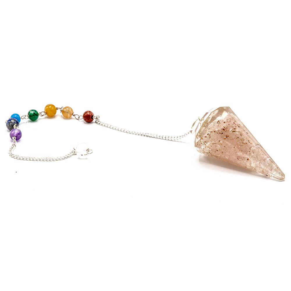 Rose quartz orgonite pendulum with a tapered point and small chakra-coloured stones embedded in the resin.