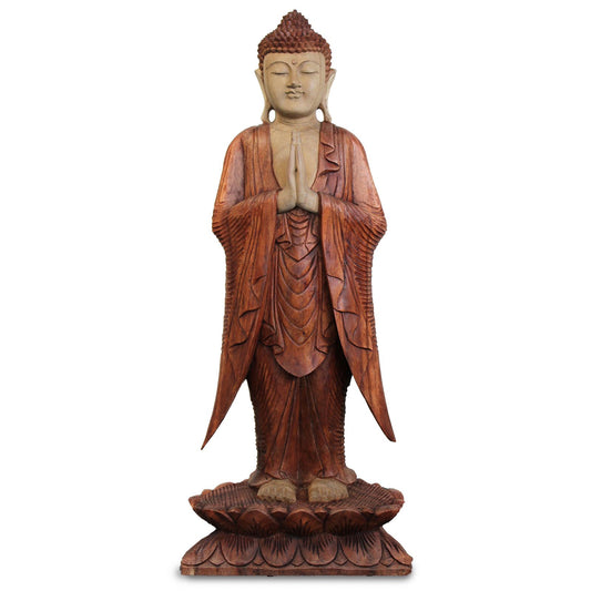 Large hand-carved standing Buddha statue in a welcoming pose, approximately one metre tall with intricate details.