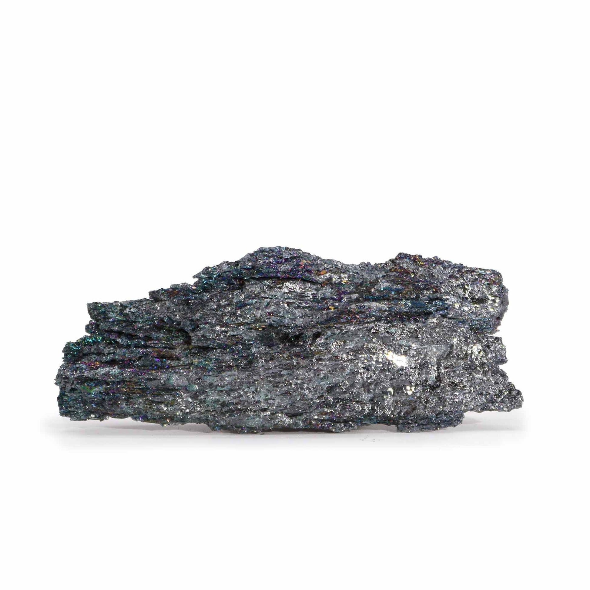Vibrant seven colour chakra stone with a metallic titanium finish, showing a spectrum of iridescent rainbow hues.