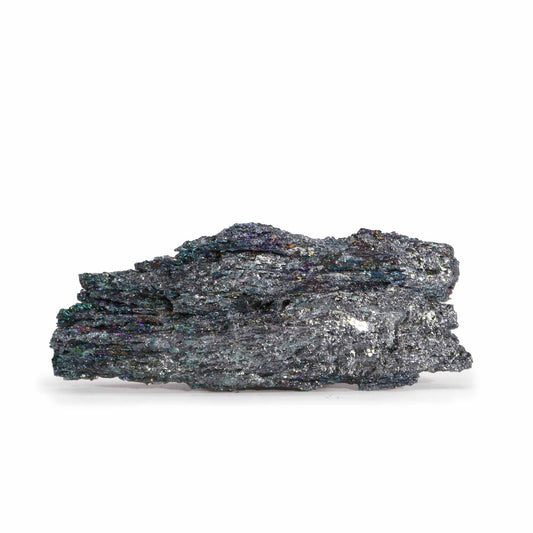 Vibrant seven colour chakra stone with a metallic titanium finish, showing a spectrum of iridescent rainbow hues.