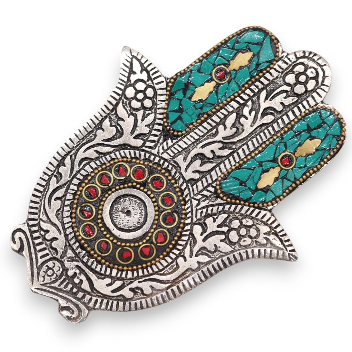 Small green handcrafted aluminium incense holder featuring an intricate Hamsa hand design for spiritual home decor.