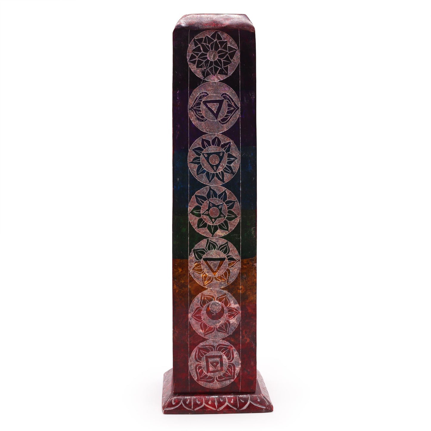 Intricately carved grey soapstone square tower incense burner featuring vertical 7 chakra symbols and decorative cutouts.