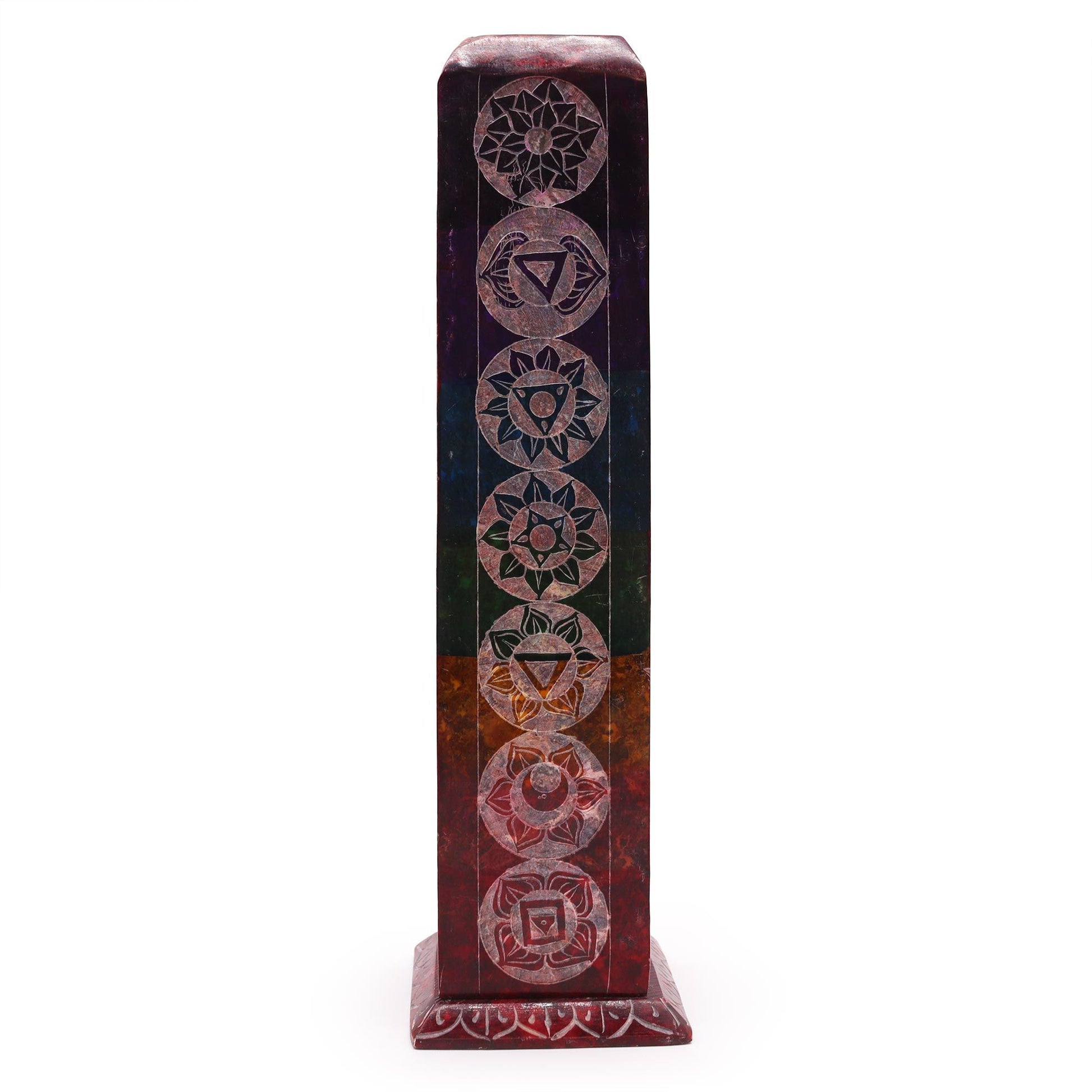 Intricately carved grey soapstone square tower incense burner featuring vertical 7 chakra symbols and decorative cutouts.