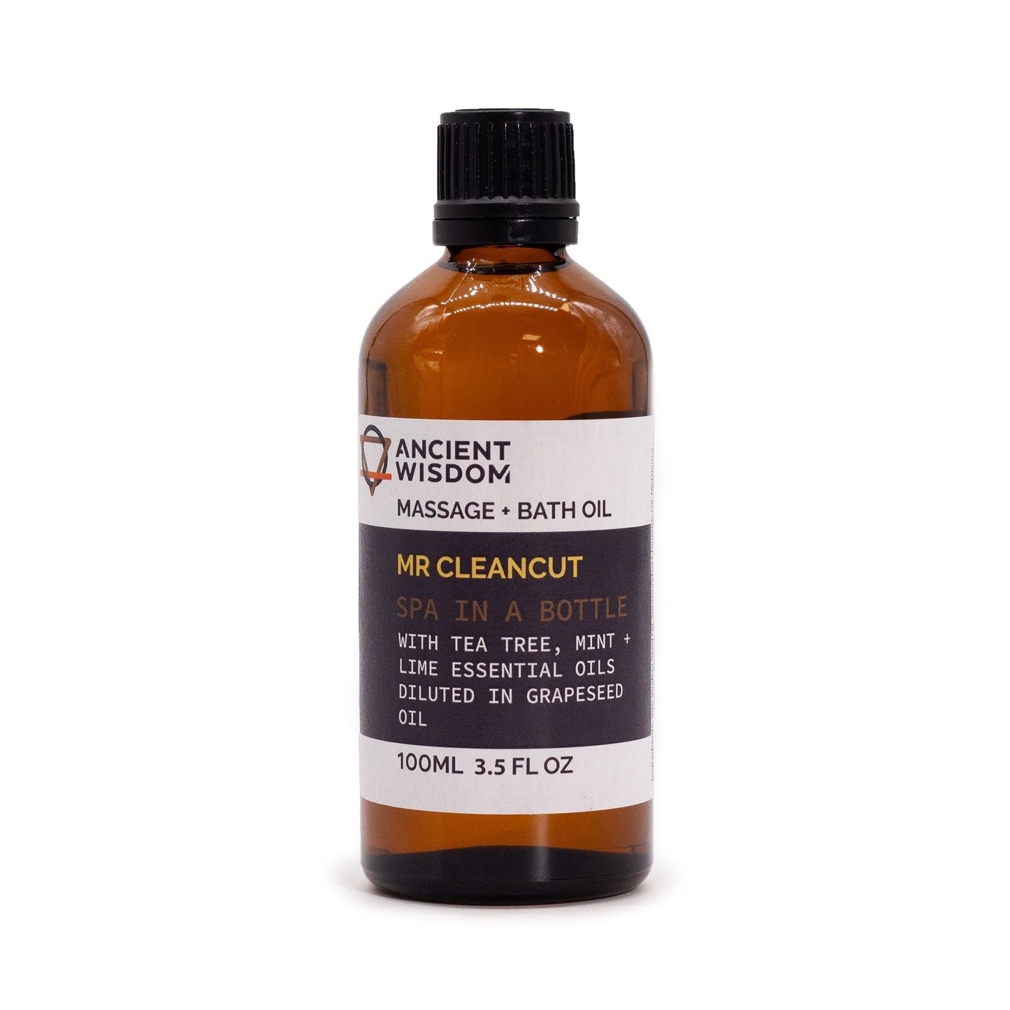 Clear 100ml bottle of shaving oil featuring a blend of tea tree and lime essential oils for beard care.