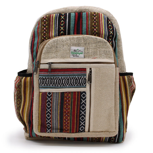 Large natural fibre hemp backpack featuring a clean design with straight horizontal zip pockets and adjustable straps.
