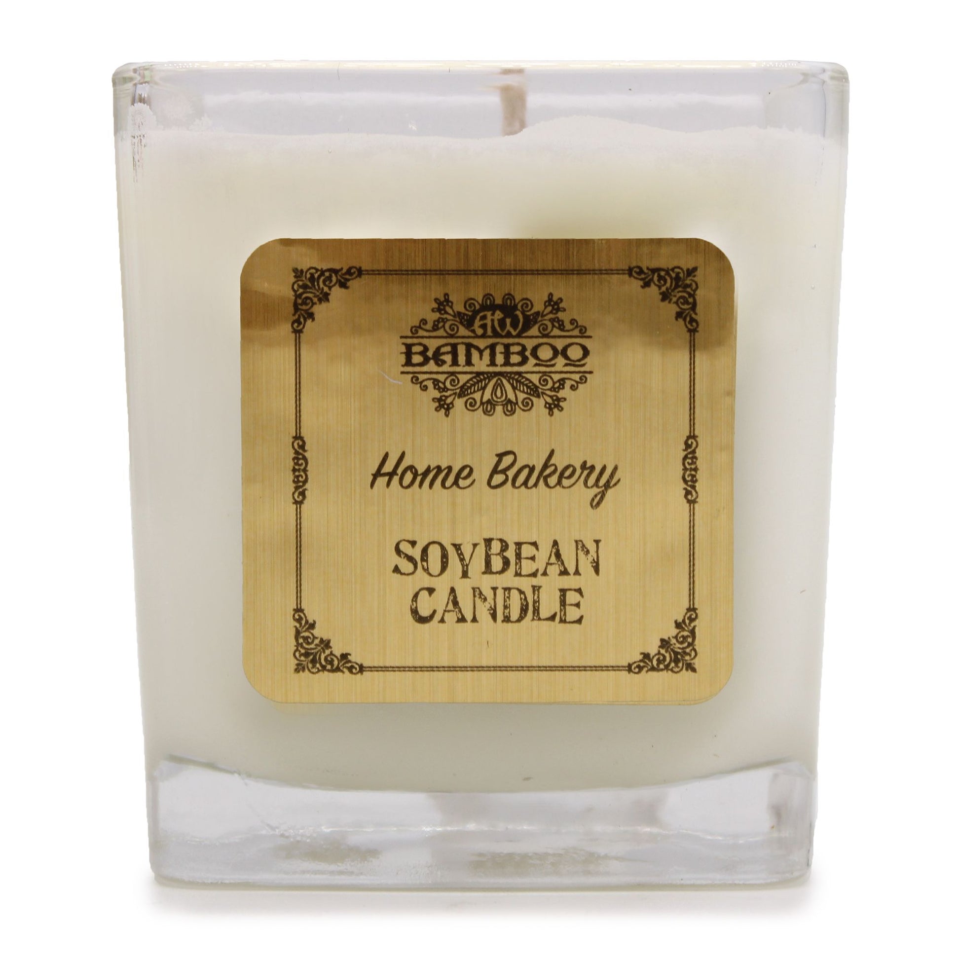A chunky recycled glass jar candle with cream-coloured soy wax and a decorative dust cover.