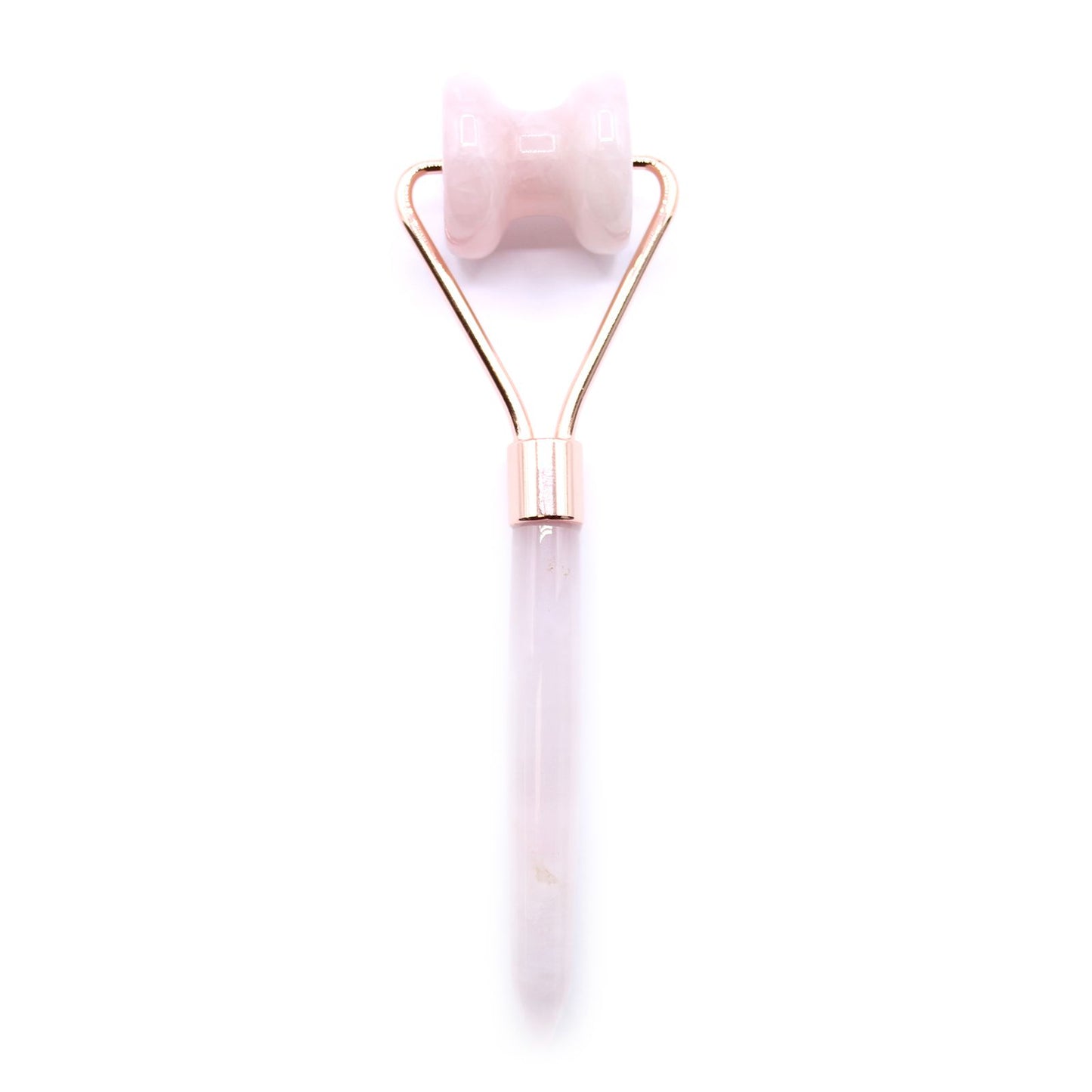 Rose quartz gemstone facial roller designed for jawline massage with a smooth pink stone and ergonomic handle.