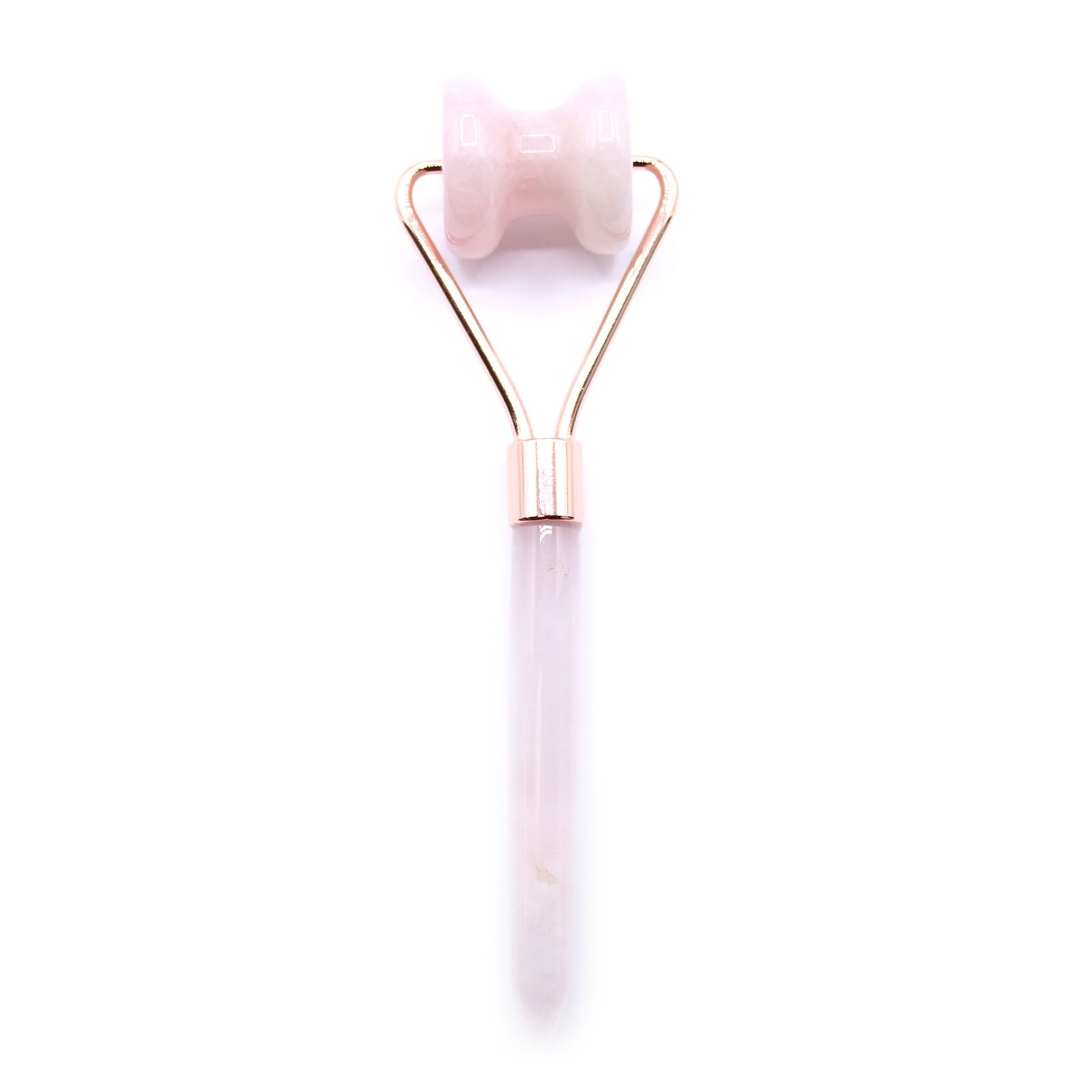 Rose quartz gemstone facial roller designed for jawline massage with a smooth pink stone and ergonomic handle.