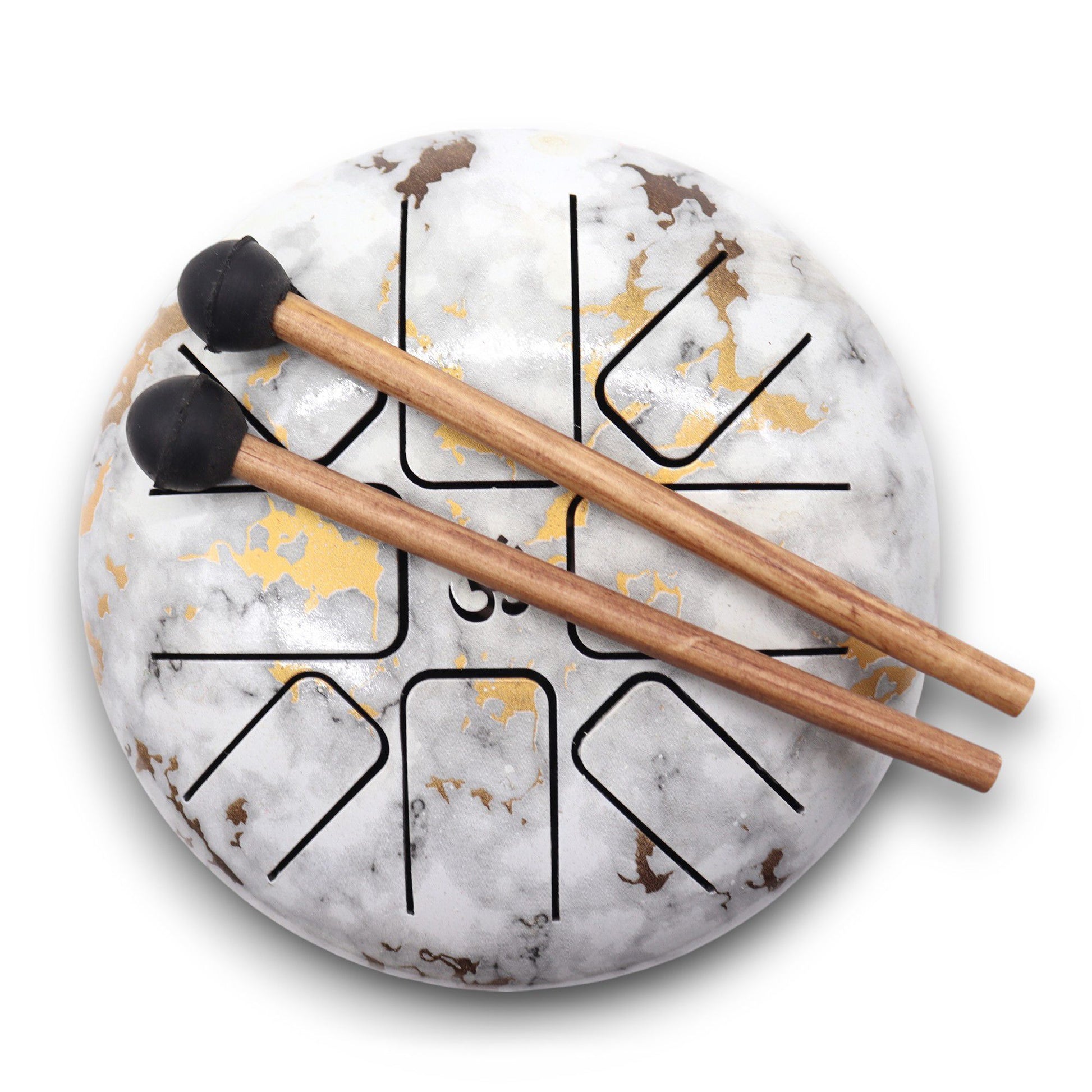 A medium-sized steel tongue drum with a white and grey marble-effect finish, featuring gold accents on the musical tongues.