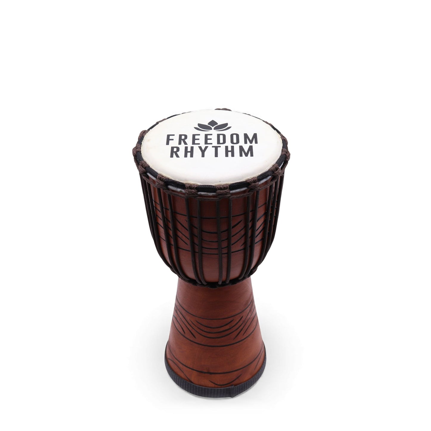 Handcrafted medium pro djembe drum with a natural hide head and decorative carved wooden base.