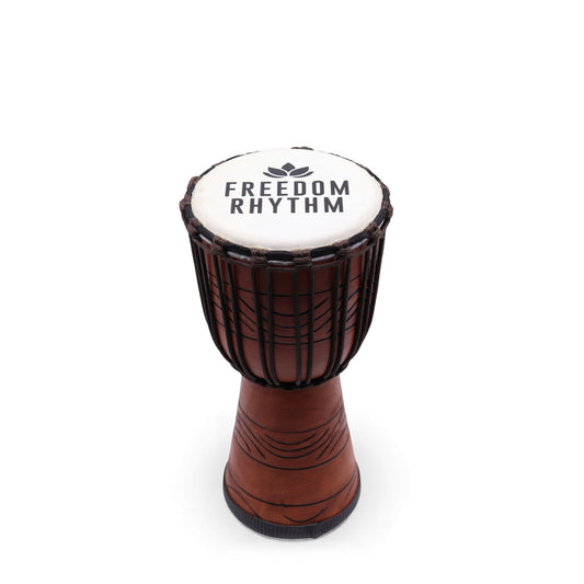 Handcrafted medium pro djembe drum with a natural hide head and decorative carved wooden base.