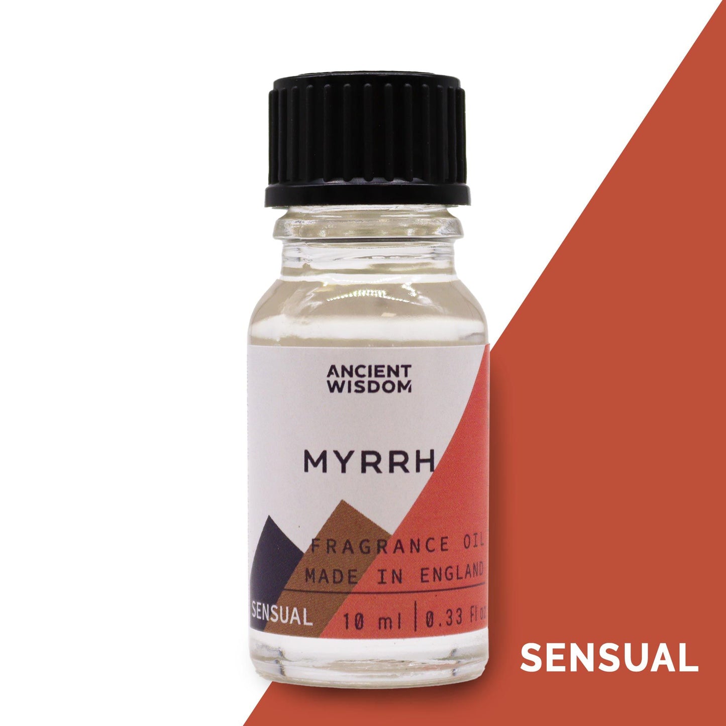 Small amber glass bottle of myrrh fragrance oil with a black dropper cap on a neutral background.