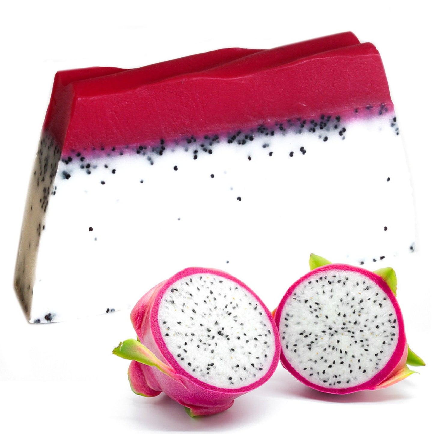 Vibrant pink artisan soap loaf textured with black poppy seeds, resembling a fresh dragon fruit slice.