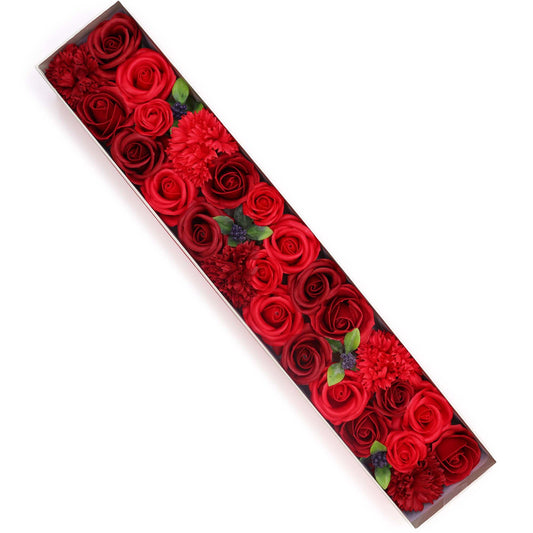 Luxurious extra long gift box filled with realistic red soap roses arranged in a sleek row.