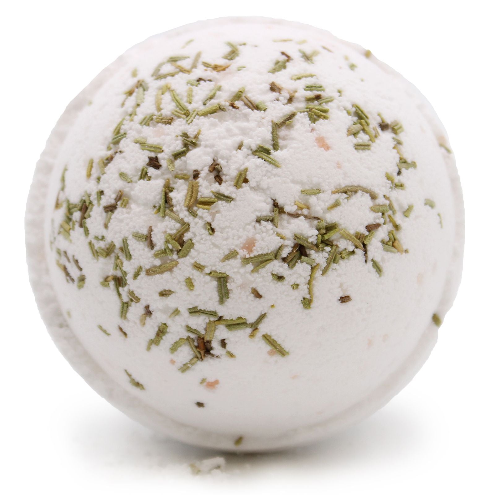 Large round pink Himalayan salt bath bomb with dried botanical herbs on top.